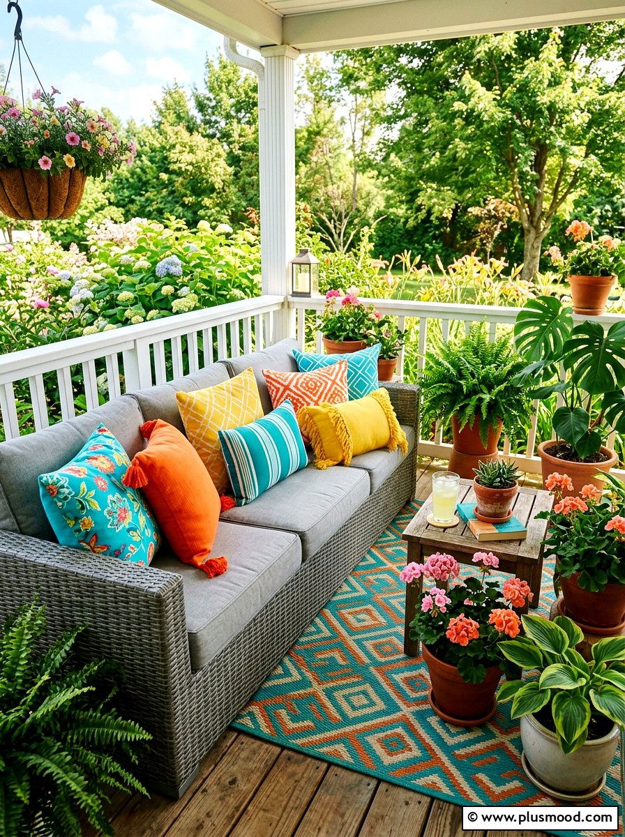 Colorful Porch Throw Pillows - 25 summer small front porch ideas