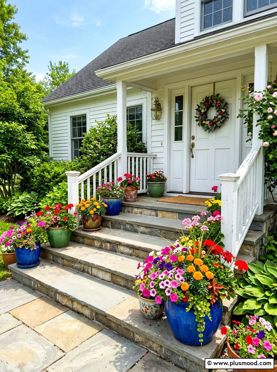 Colorful Potted Flower - 25 summer front steps ideas for summer