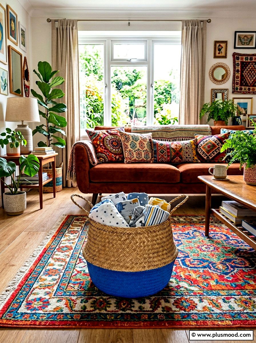 Colorful Seagrass Belly Basket - 25 summer blanket basket ideas for living room