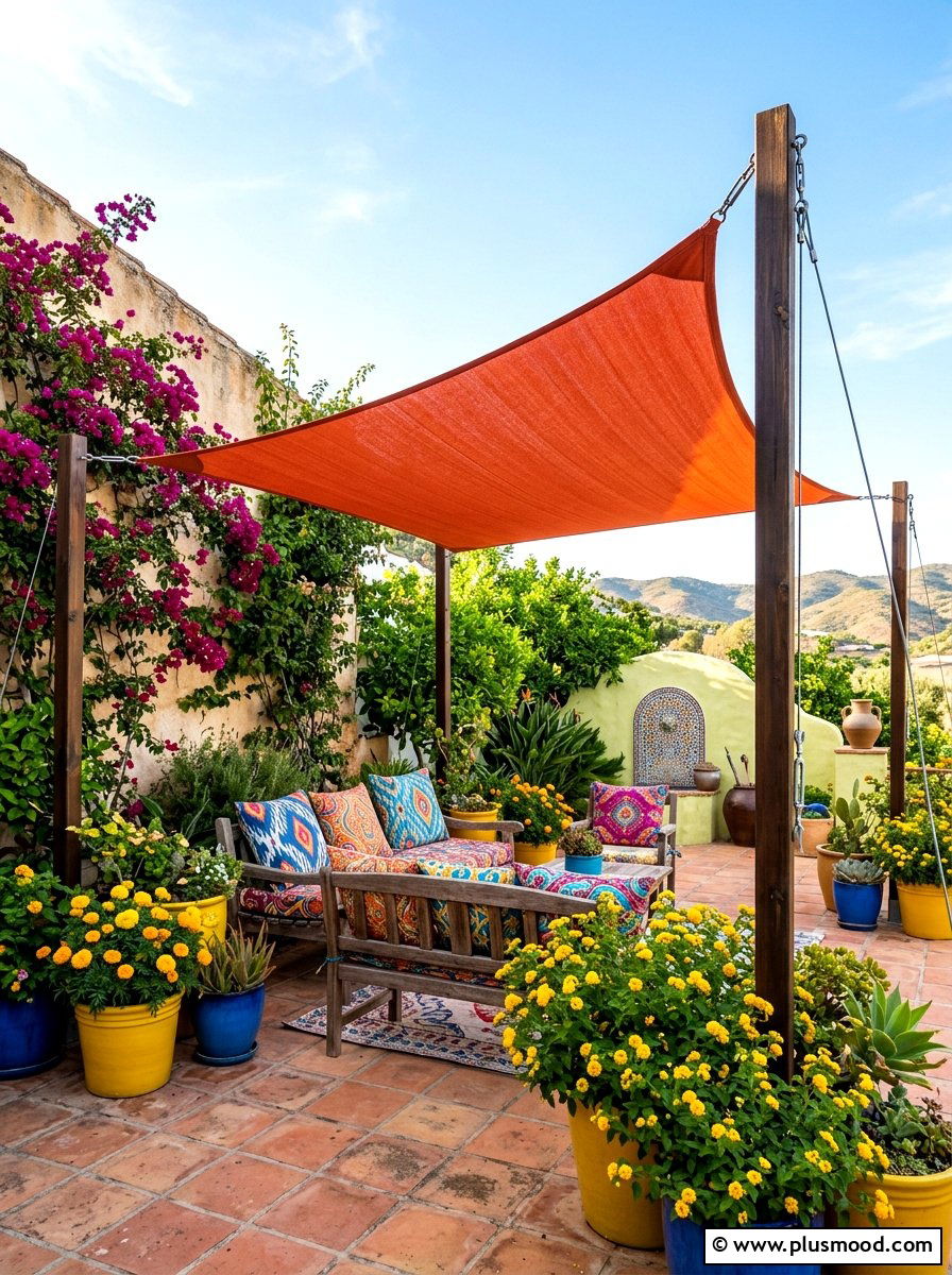 Colorful Shade Sail For Vibrant Outdoor Space - 25 small backyard ideas with shade sail