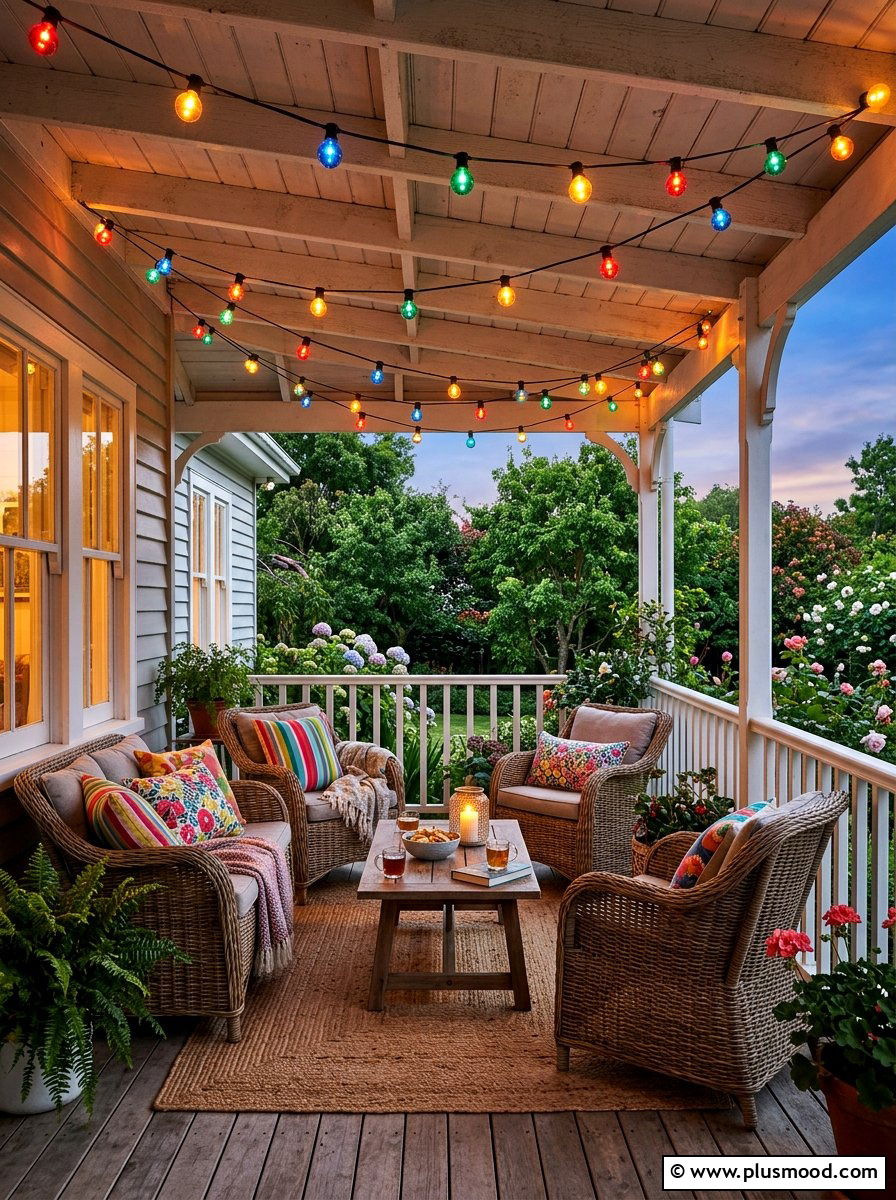 Colorful String Lights - 25 summer colorful front porch ideas