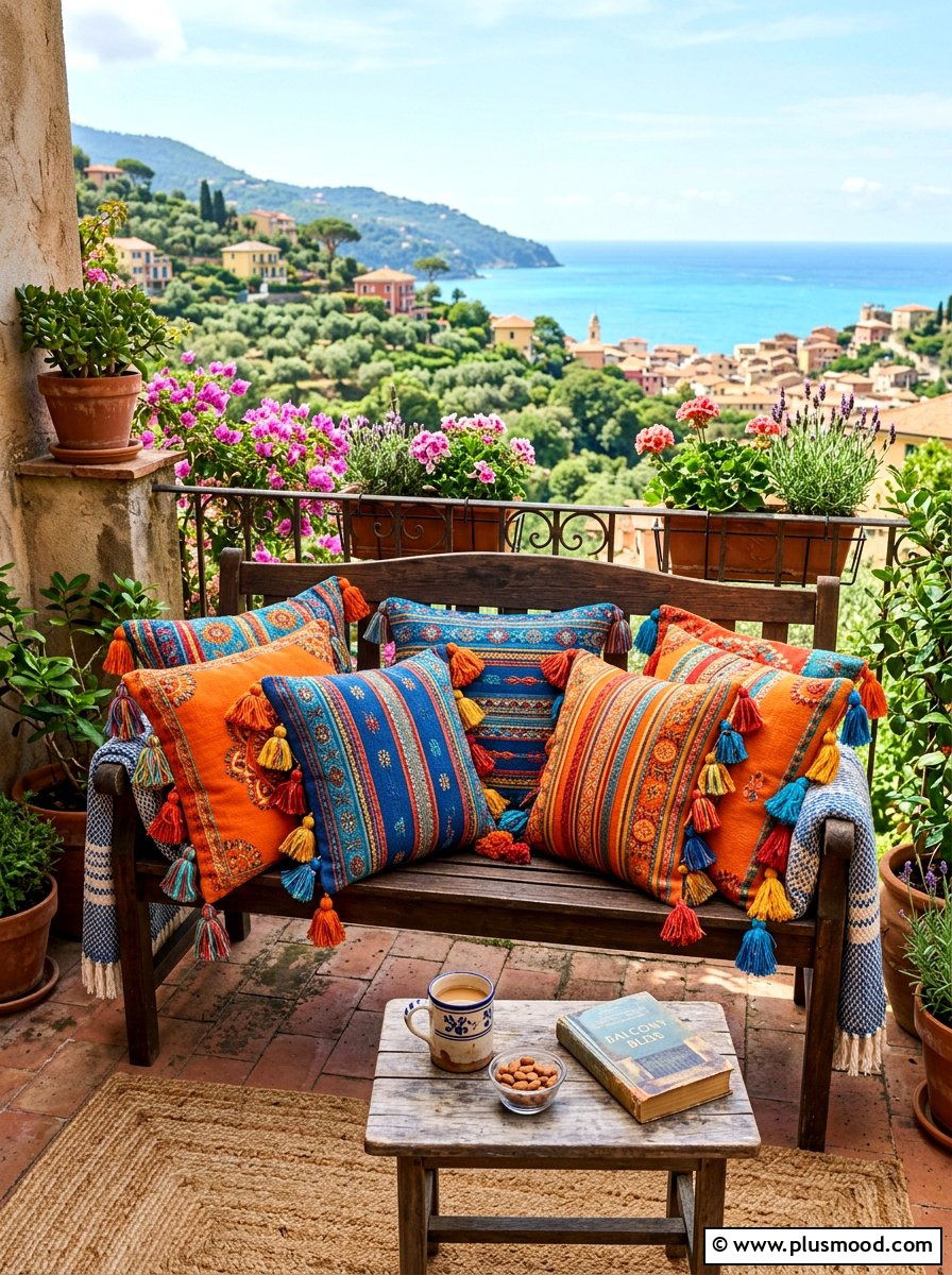 Colorful Tasseled Cushions - 25 summer balcony breakfast nook ideas
