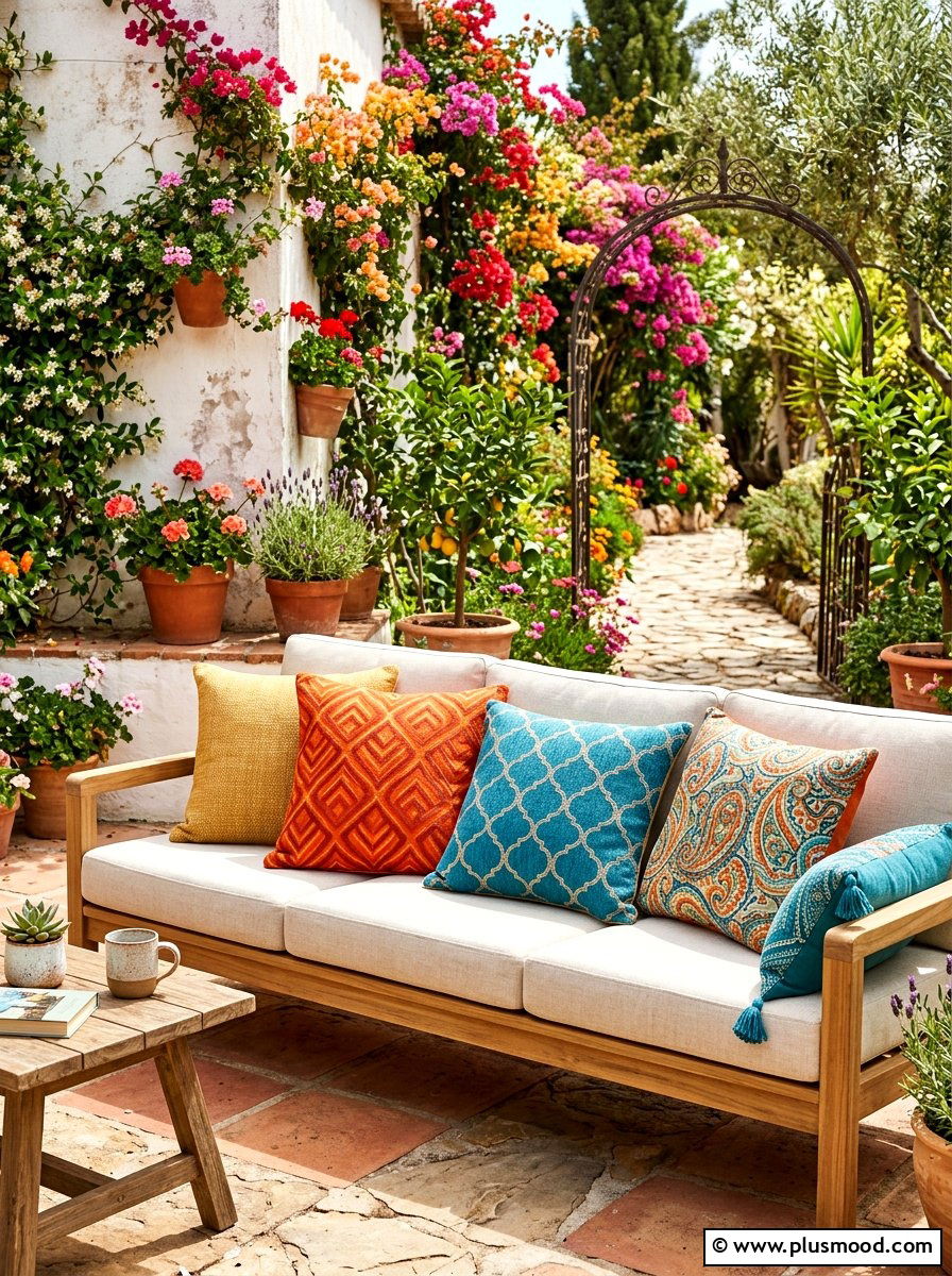 Colorful Throw Pillows - 25 summer small courtyard ideas