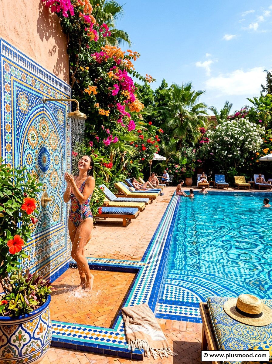 Colorful Tile Pool With Decorative Shower - 25 pool landscaping ideas with outdoor shower