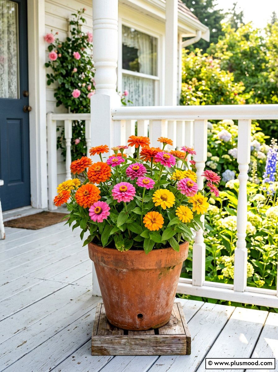 Colorful Zinnia Pot - 25 summer porch planter ideas