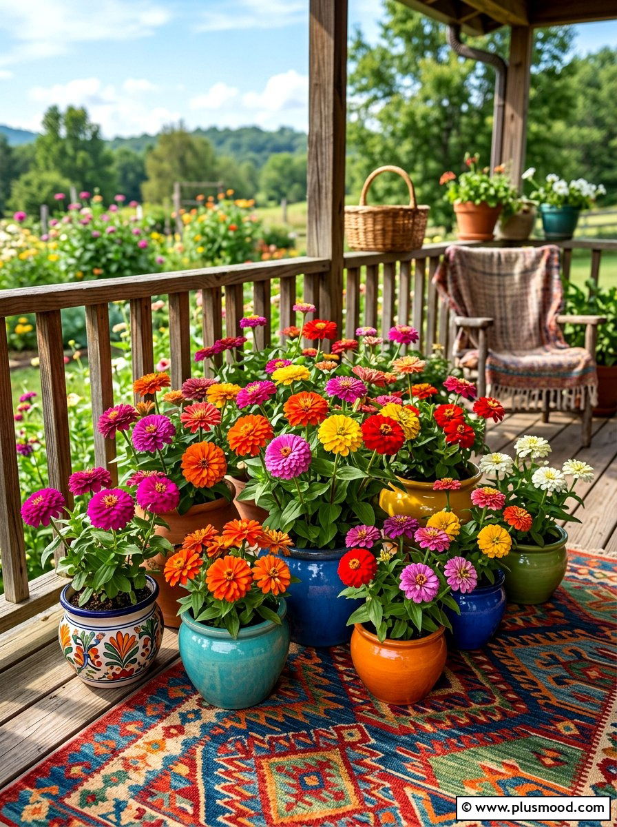 Colorful Zinnia Pots - 25 summer front porch flower ideas