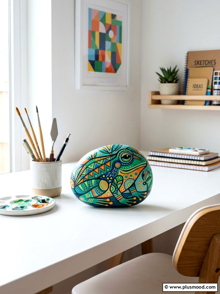 Colorful abstract frog rock - 25 painted rock ideas with frog art
