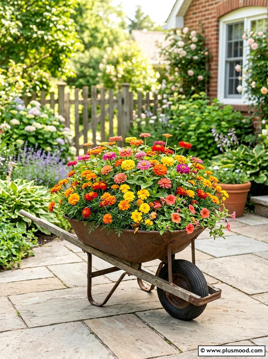 Colorful annual wheelbarrow arrangement - 25 outdoor garden decor ideas with wheelbarrow planter