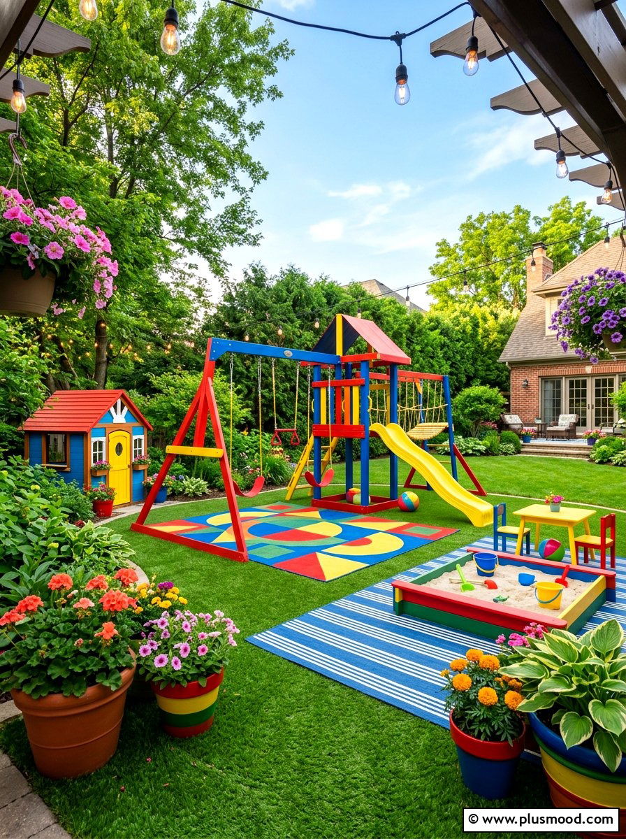Colorful backyard play zone - 25 small backyard ideas with swing set