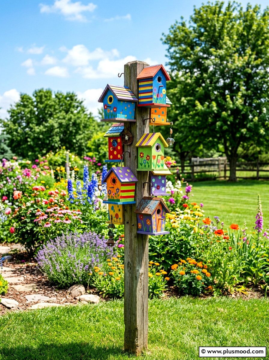 Colorful bird house display - 25 summer colorful curb appeal ideas