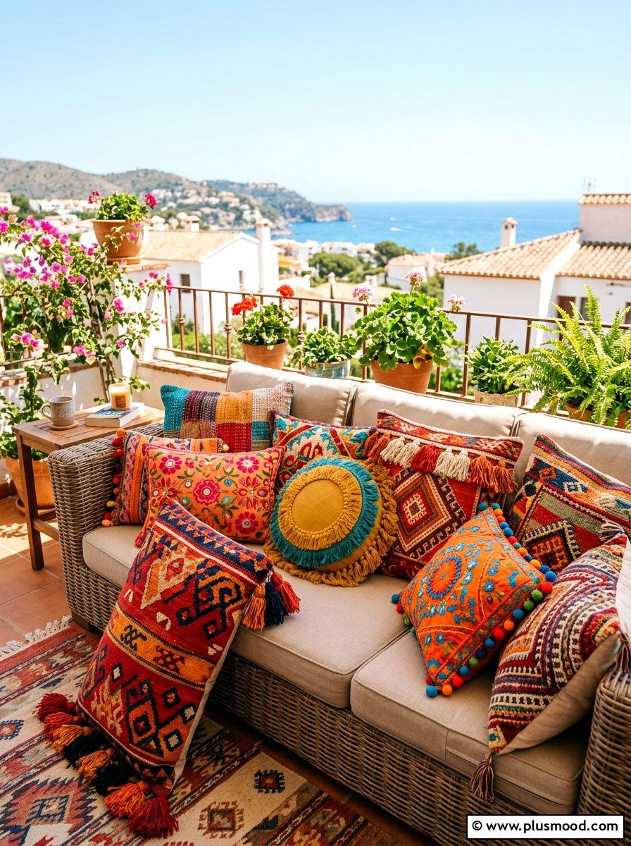 Colorful boho balcony throw pillows - 25 summer boho balcony ideas