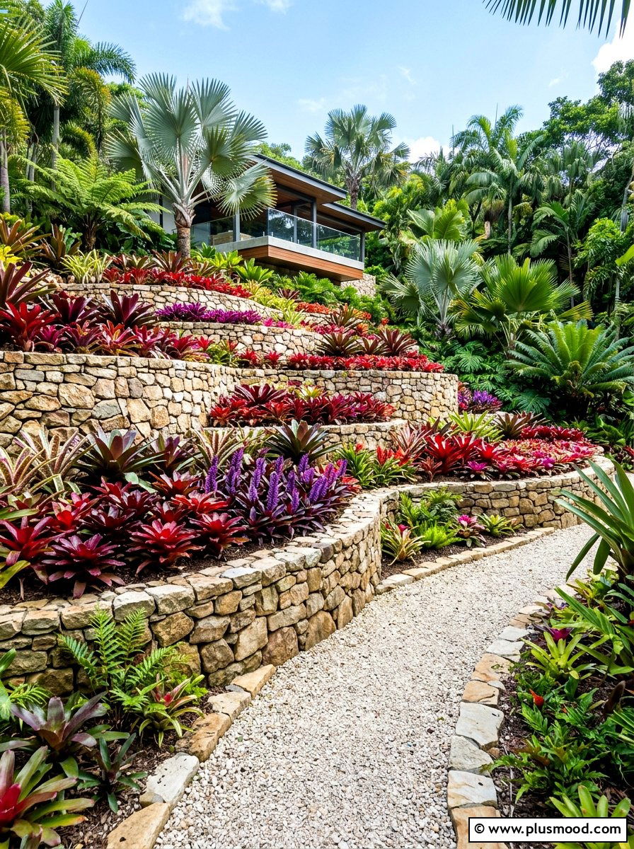 Colorful bromeliad terrace - 25 summer tropical landscaping ideas