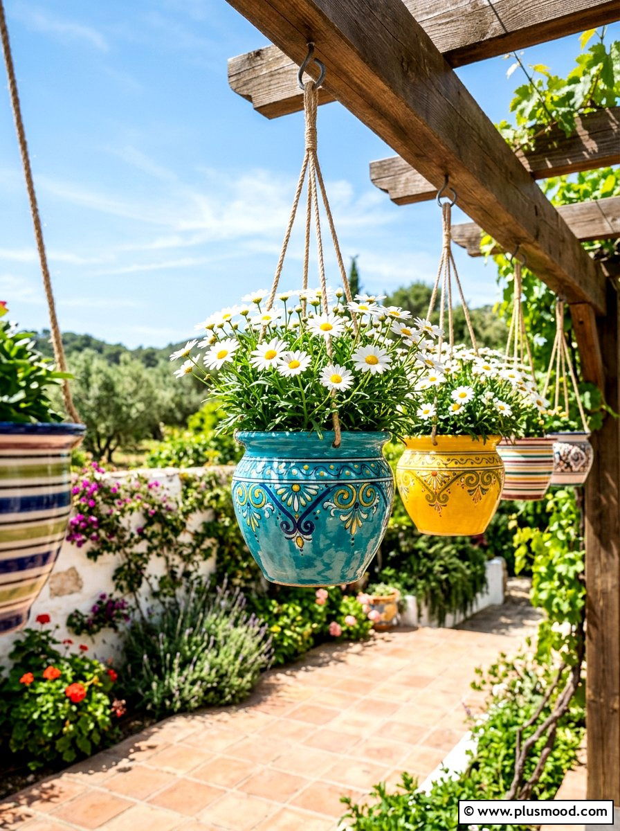 Colorful ceramic hanging pots - 25 small backyard ideas with hanging plants