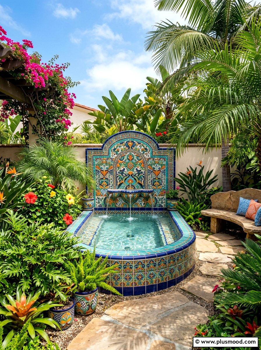 Colorful ceramic tile pool fountain - 25 pool landscaping ideas with tile accents