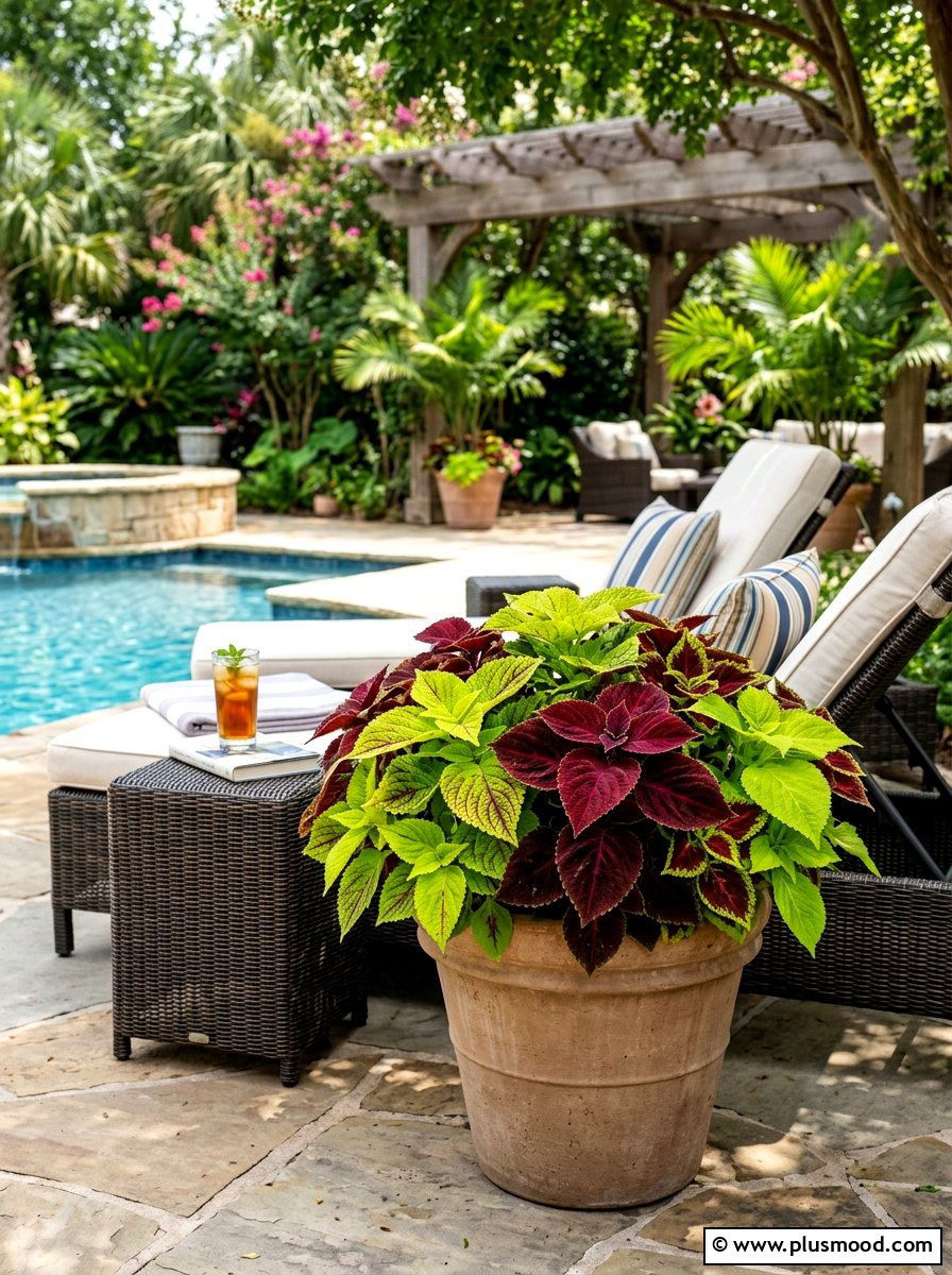 Colorful coleus leaf planter - 25 summer poolside planter ideas