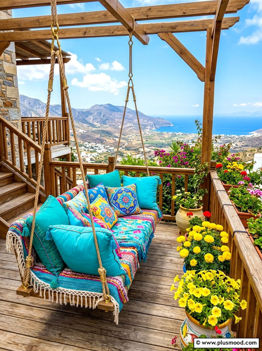Colorful cushion swing - 25 summer balcony swing chair ideas