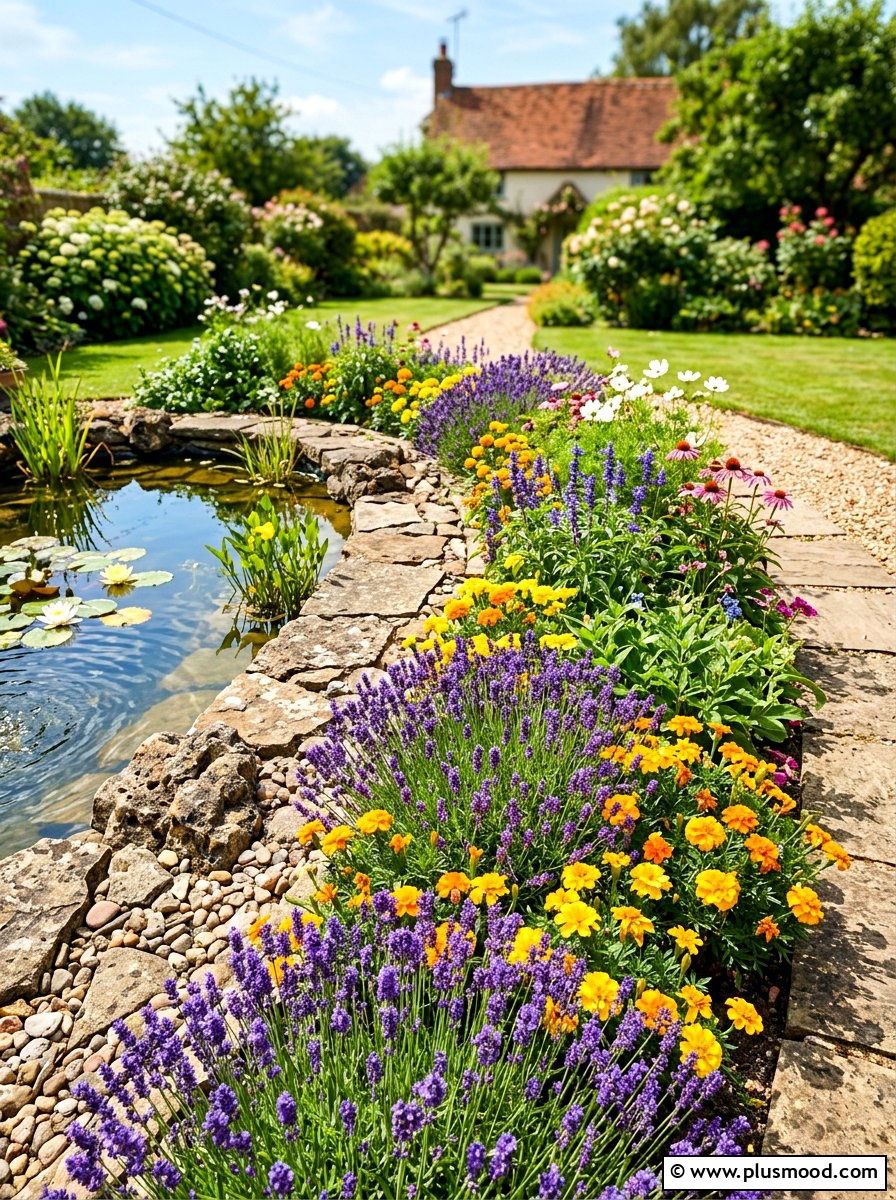 Colorful flower bed border - 25 pool landscaping ideas for small spaces