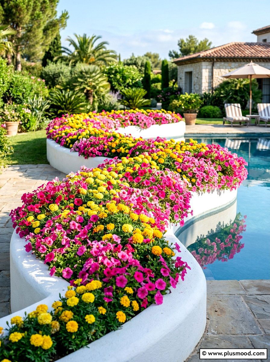 Colorful flower pool planter - 25 pool landscaping ideas with curved planters