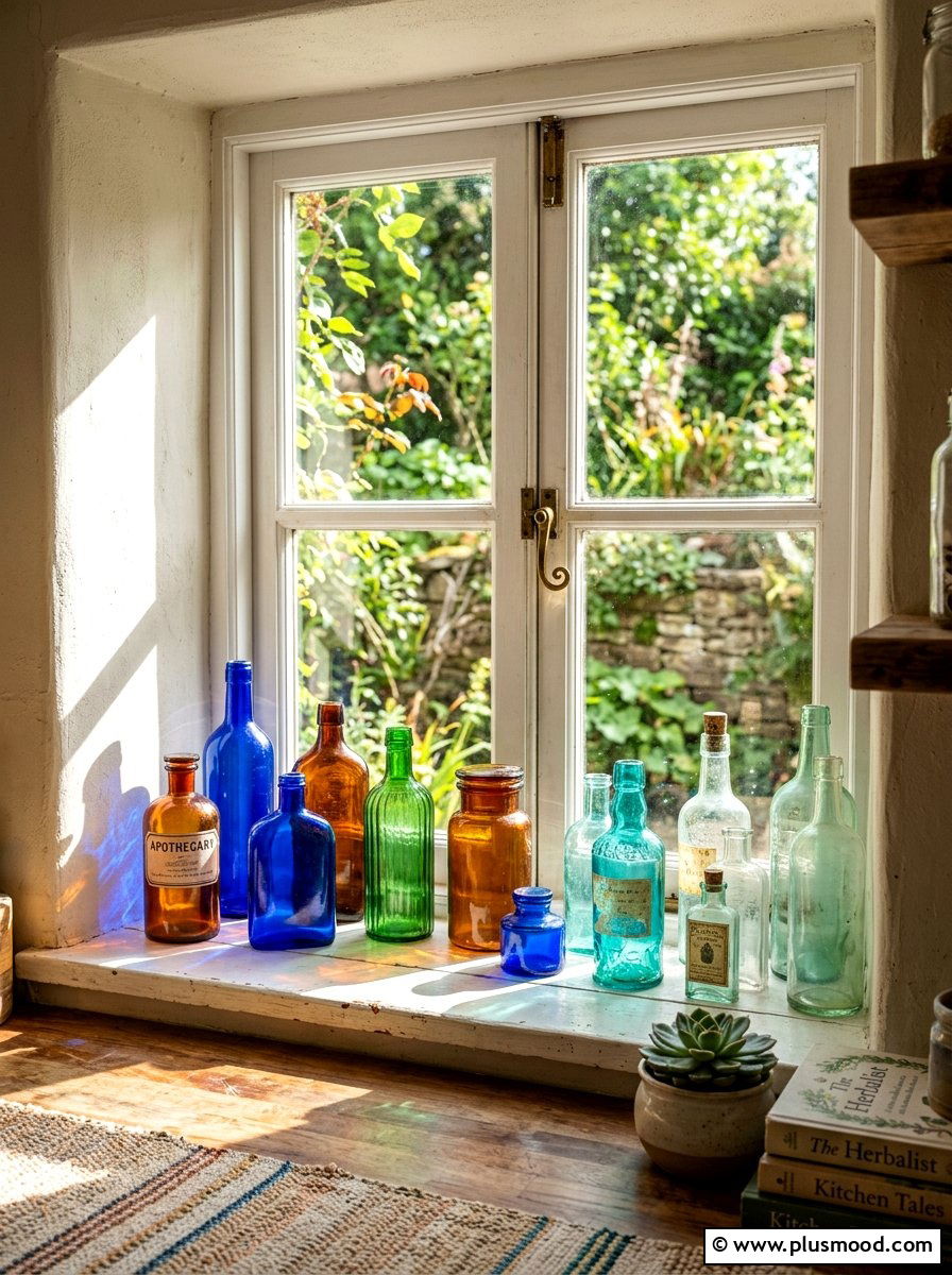 Colorful glass bottles - 25 summer kitchen window decor ideas