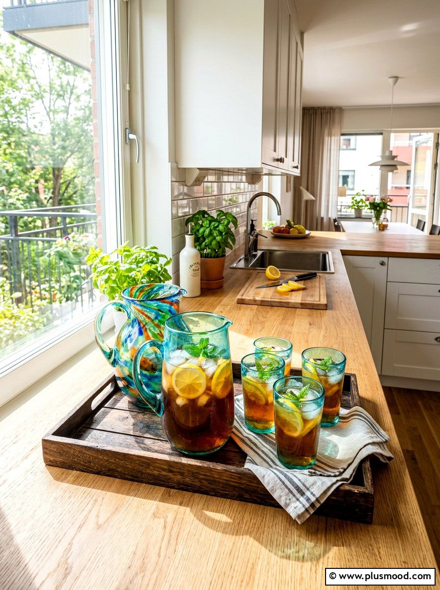 Colorful glass pitcher - 25 summer kitchen decor ideas for apartments