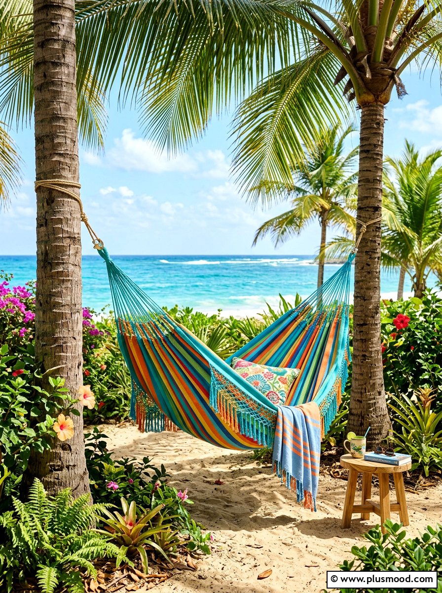 Colorful hammock setup - 25 small backyard ideas for tropical theme
