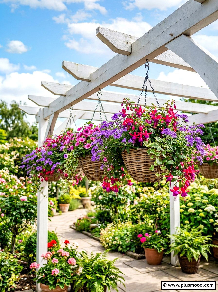 Colorful hanging basket floral arrangement - 25 summer backyard planter ideas
