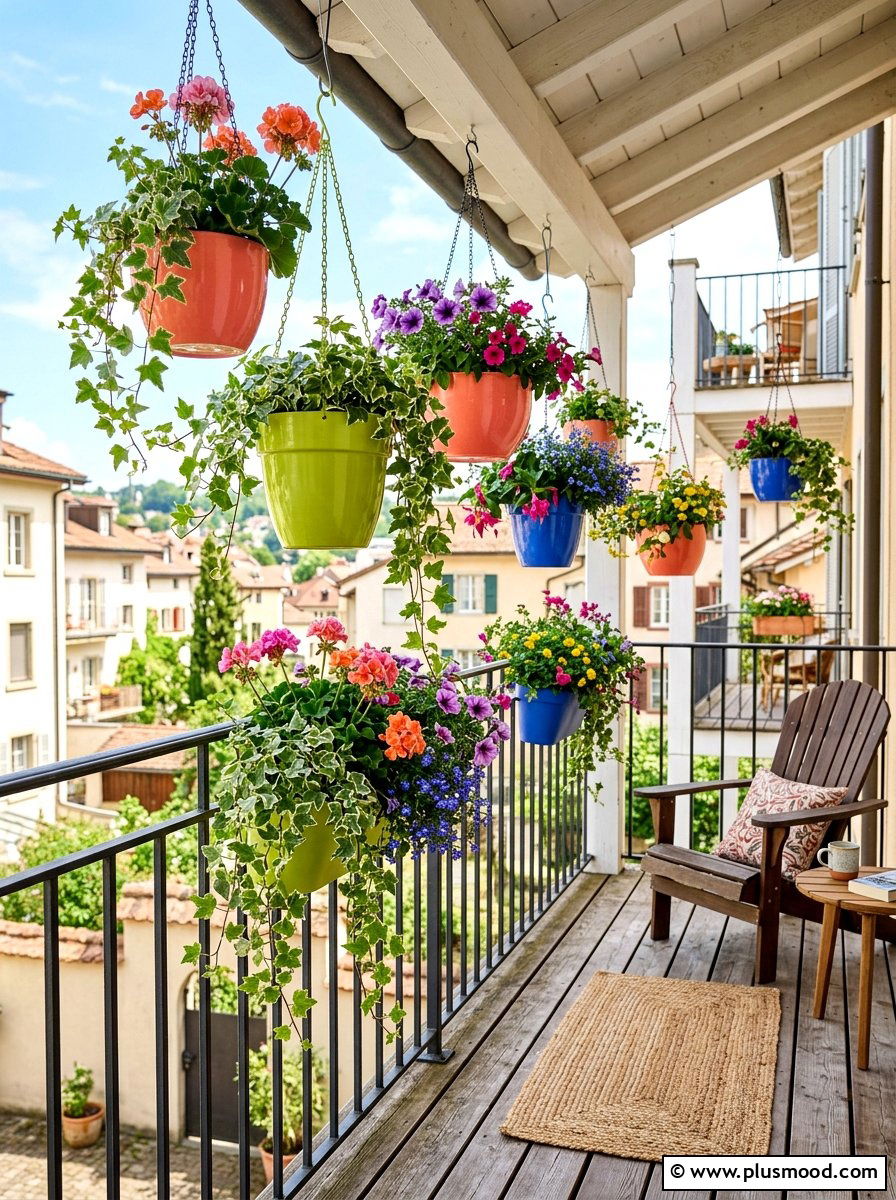 Colorful hanging planters - 25 summer colorful balcony ideas