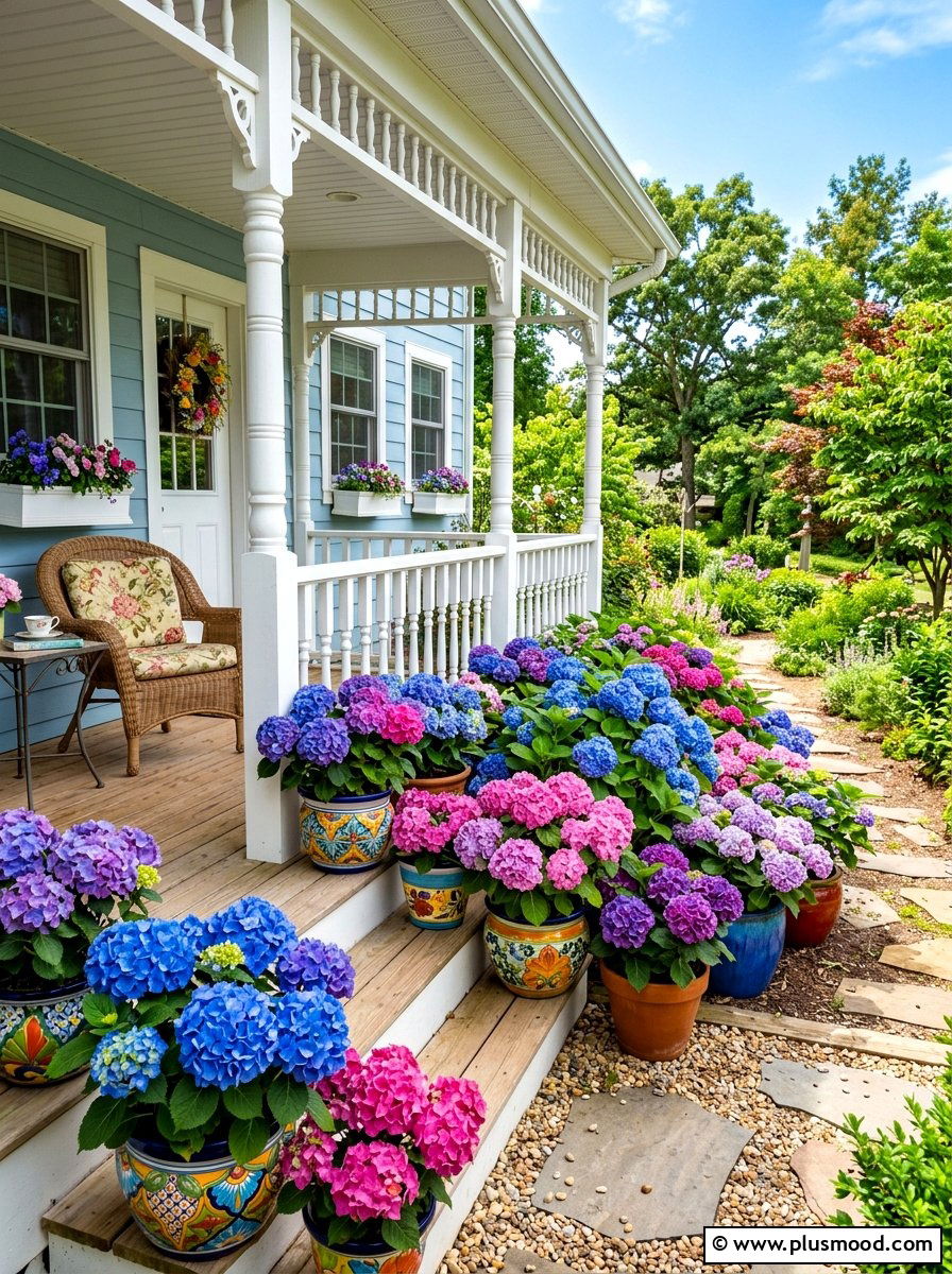 Colorful hydrangea porch garden - 25 summer front porch decor ideas with hydrangeas