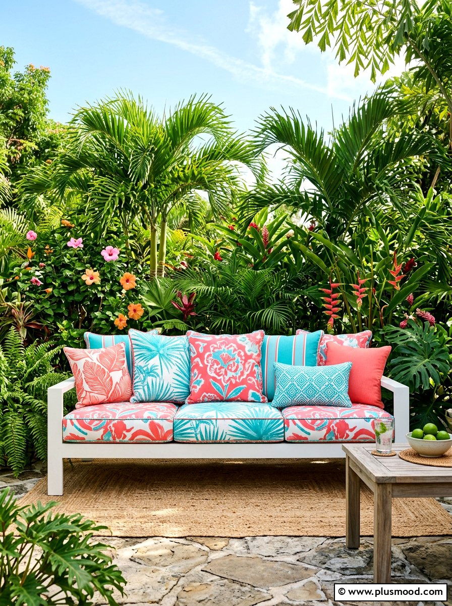 Colorful outdoor cushions - 25 small backyard ideas for tropical theme