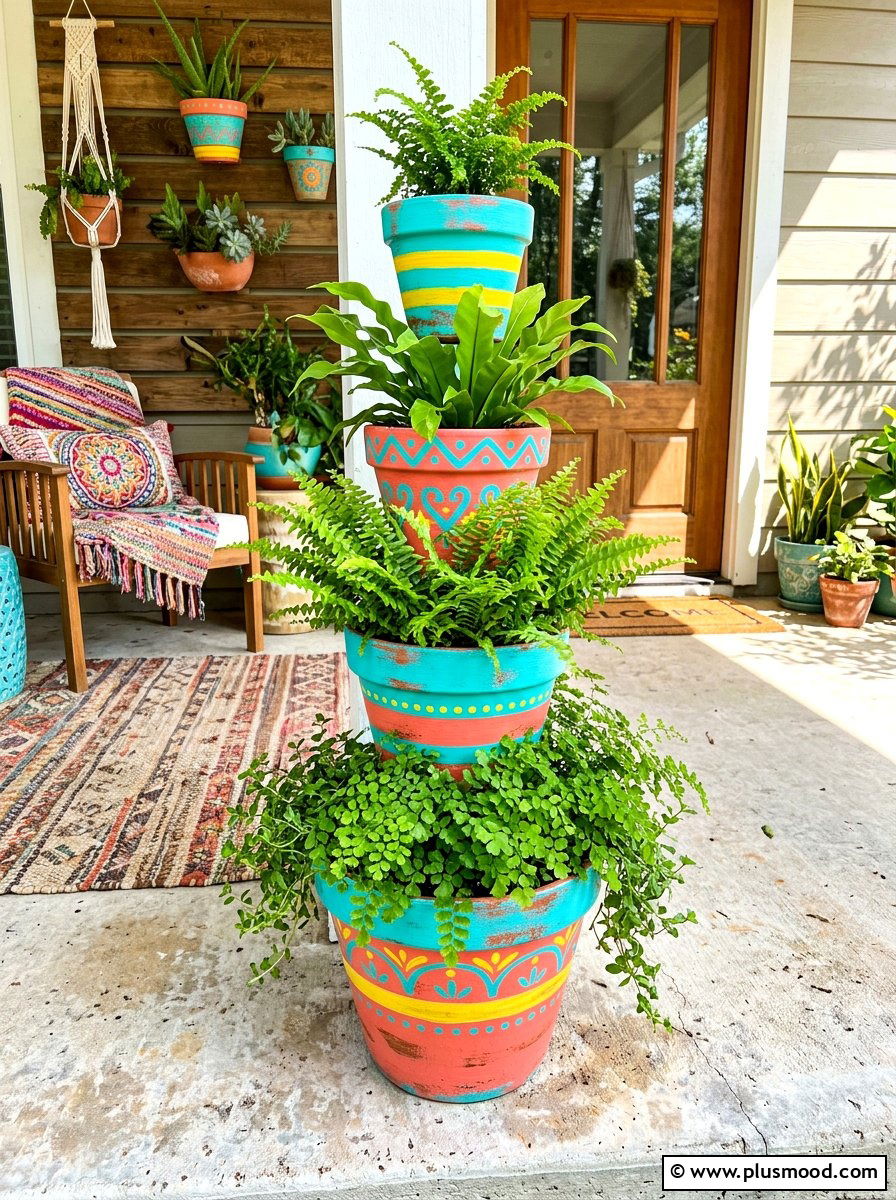 Colorful painted pot tower - 25 summer stacked planter ideas