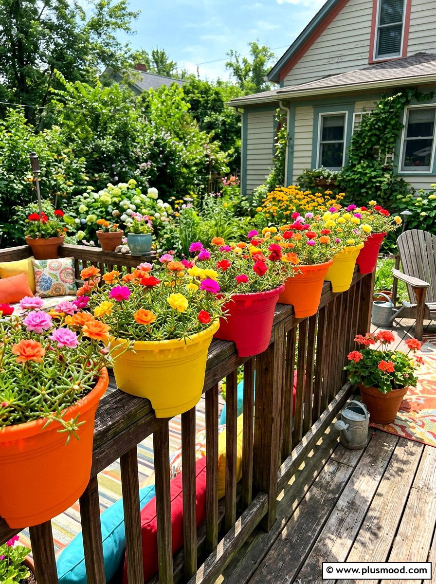 Colorful plastic railing planter - 25 summer railing planter ideas