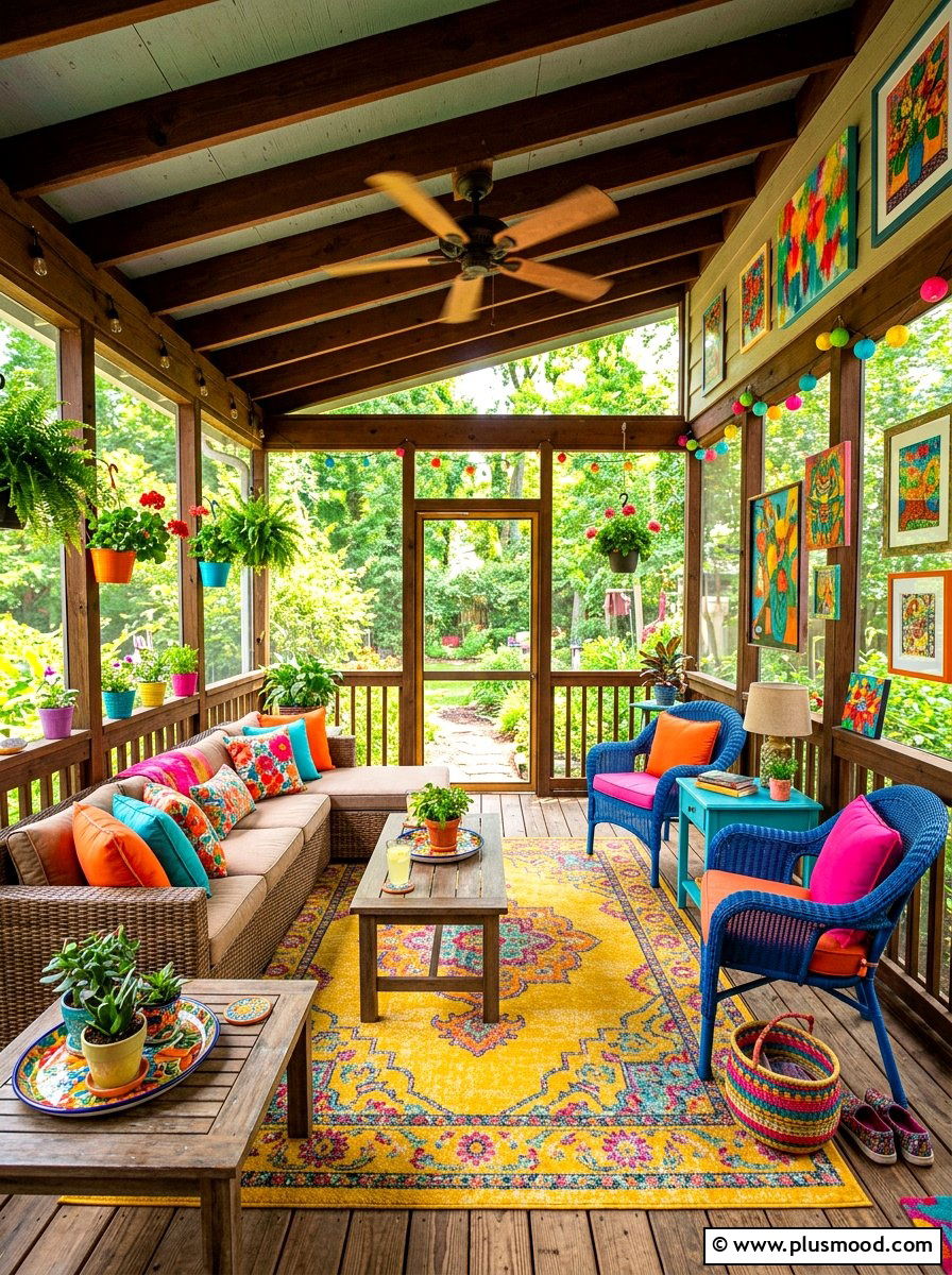 Colorful screened porch - 25 summer screened front porch ideas