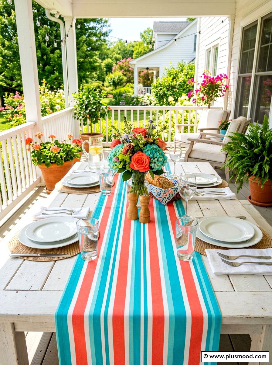 Colorful striped summer table runner - 25 summer porch table decor ideas