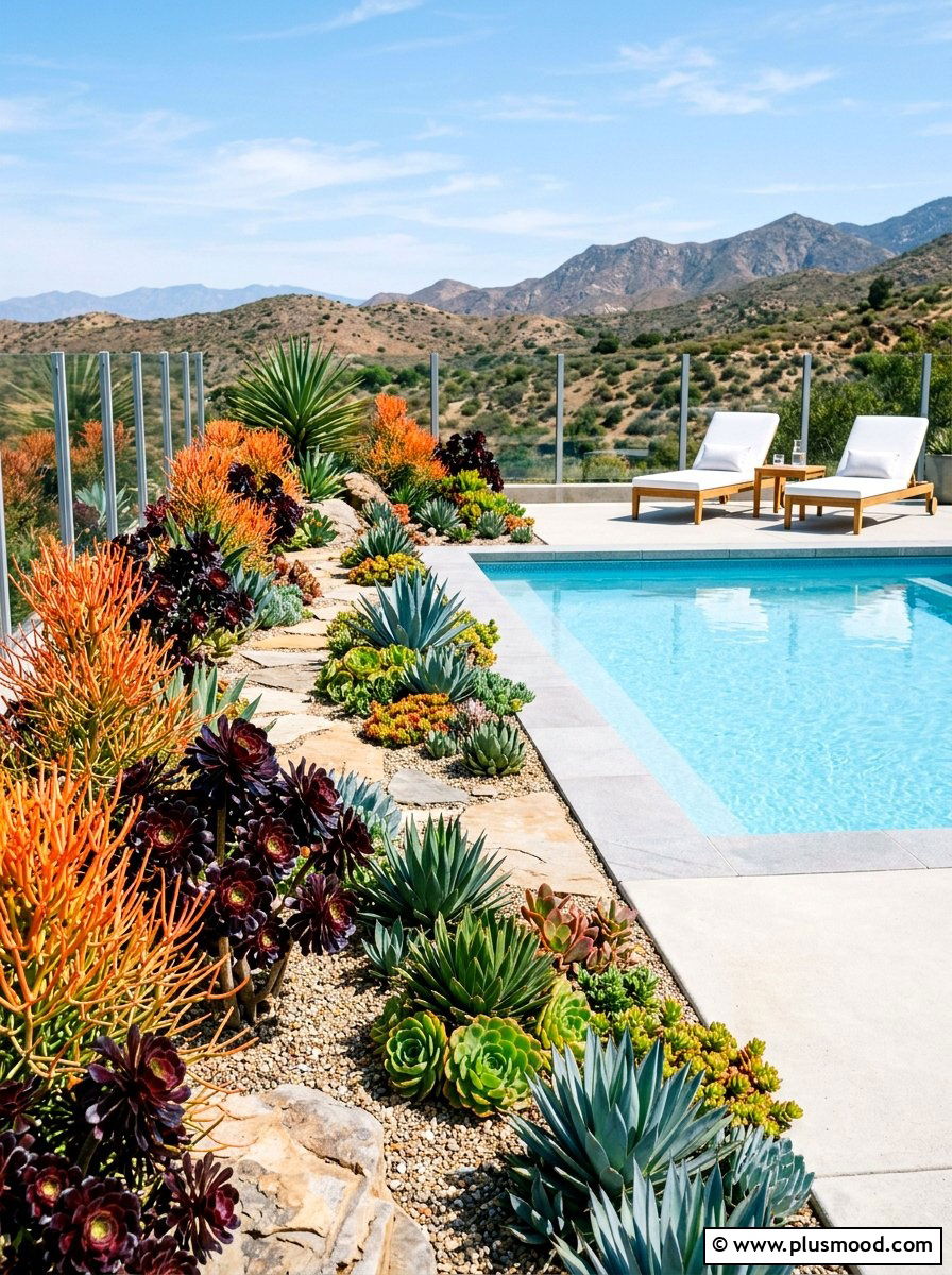 Colorful succulent pool landscape - 25 pool landscaping ideas with cactus garden