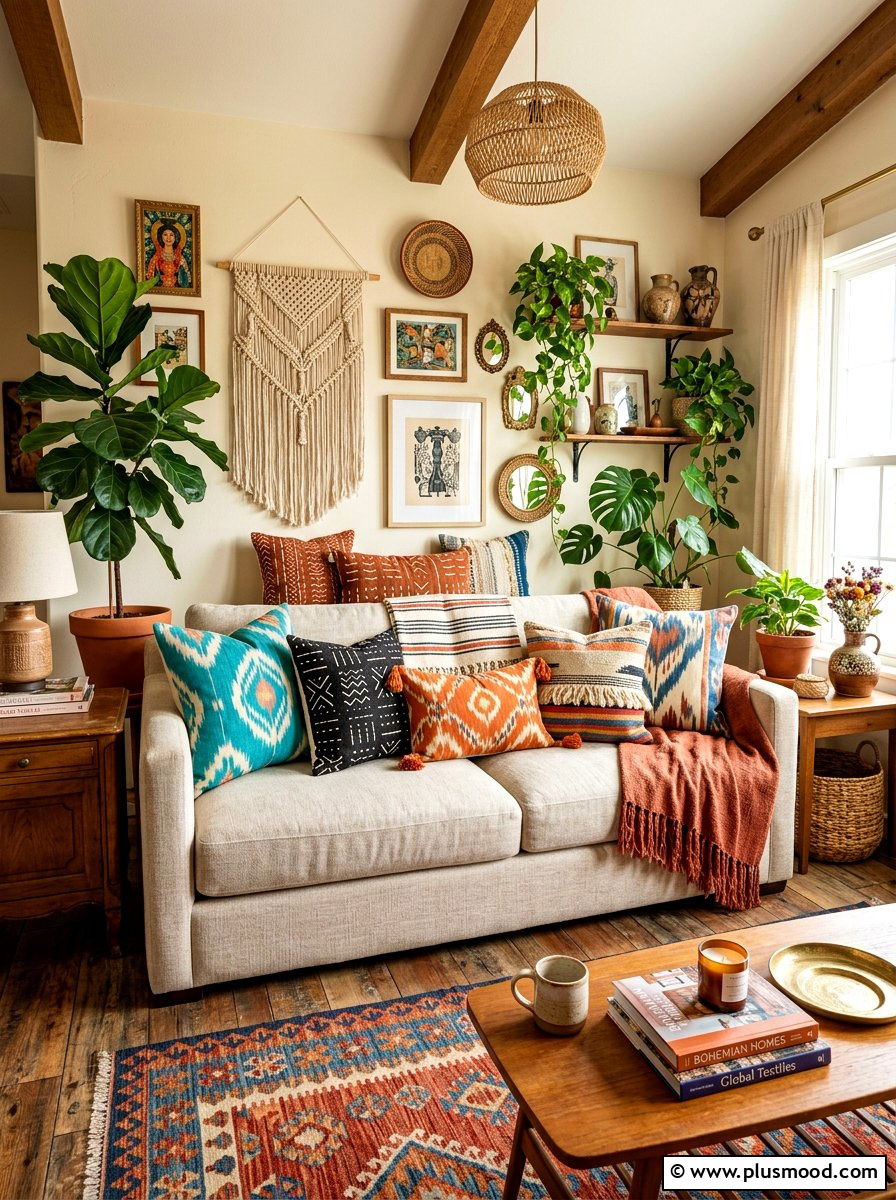 Colorful throw pillows - 25 boho summer living room ideas