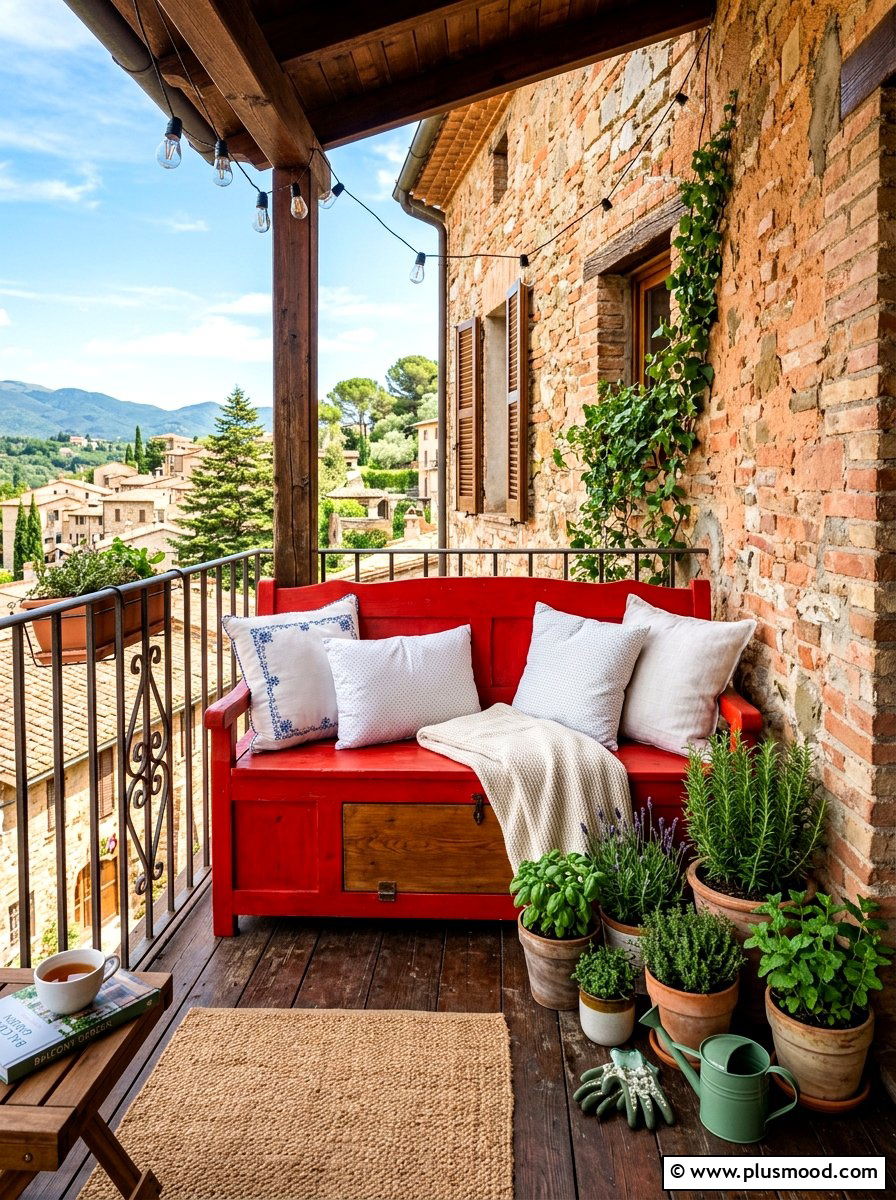 Colorful wooden bench - 25 summer colorful balcony ideas