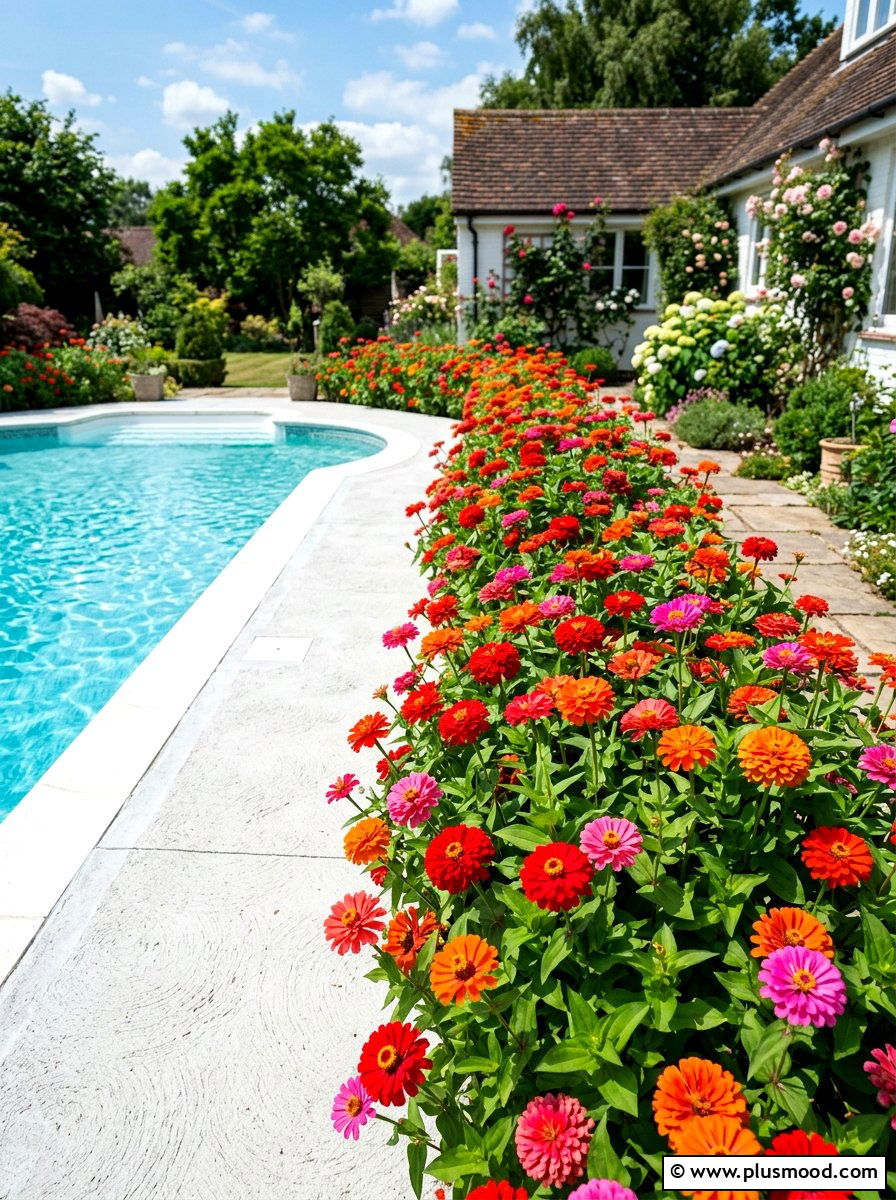 Colorful zinnia pool border - 25 pool landscaping ideas with flower beds