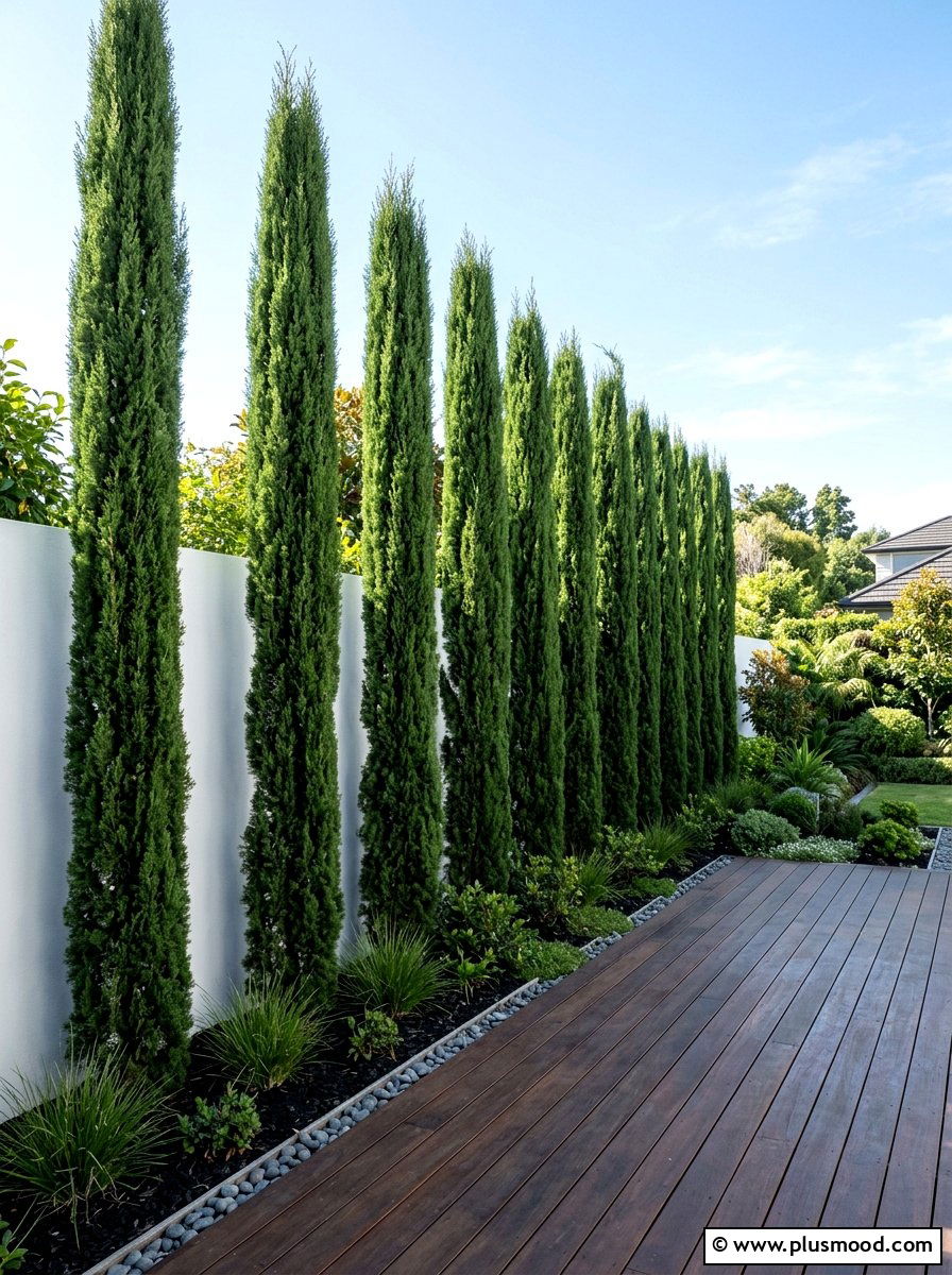 Columnar cypress privacy screen - 25 small backyard ideas for minimalist style