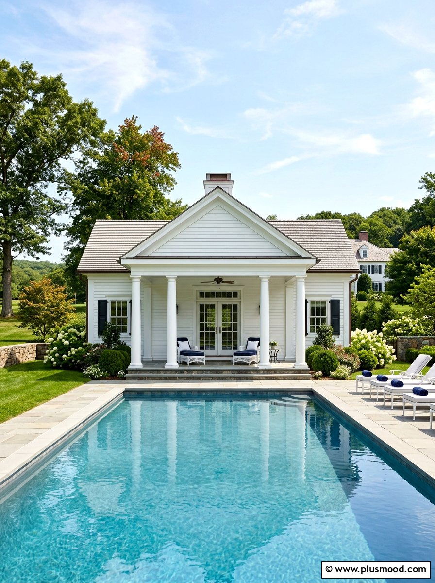 Columned pool house - 25 pool landscaping ideas for colonial homes