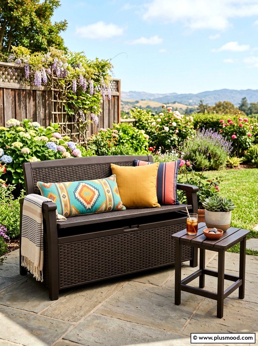 Compact Storage Bench - 25 small backyard ideas for secluded spaces