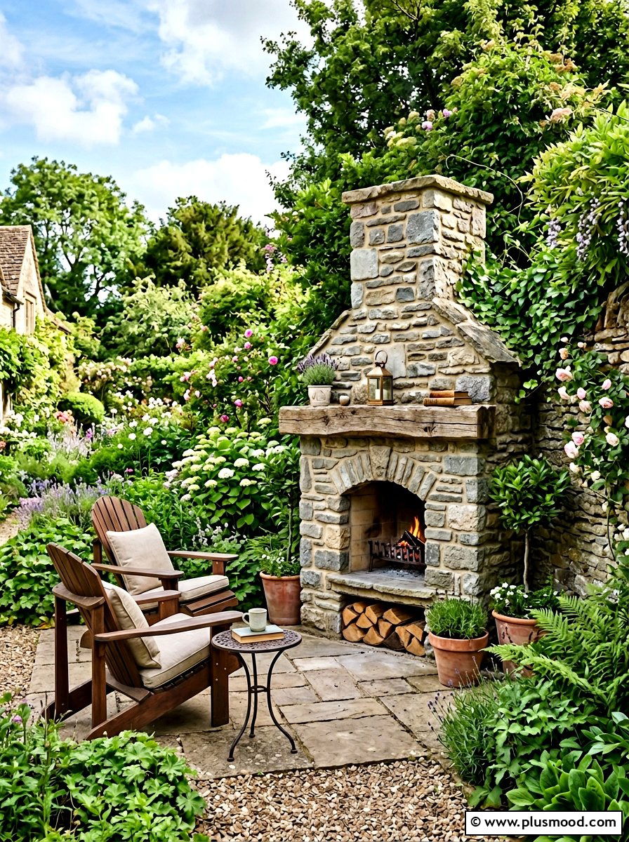 Compact fireplace with stone surround - 25 small backyard ideas with outdoor fireplace