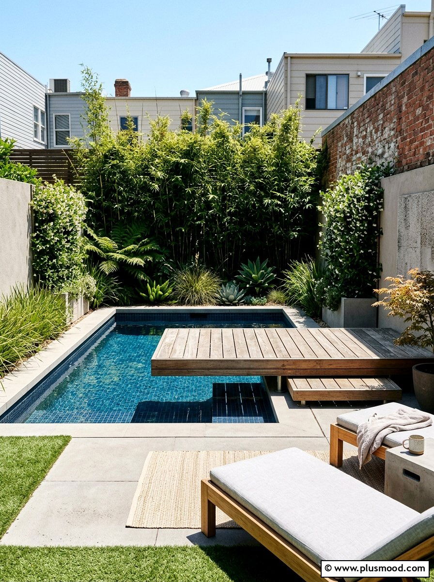 Compact plunge pool with floating wood deck - 25 pool landscaping ideas with wooden deck