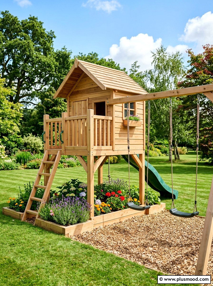 Compact wooden tower with swings - 25 small backyard ideas with swing set