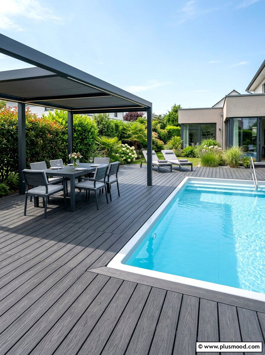 Composite Wood Decking Area - 25 pool landscaping ideas for rectangular pools