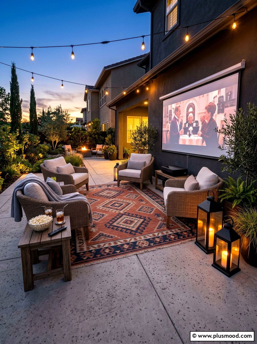 Concrete Patio Movie Night - 25 small backyard ideas with movie screen