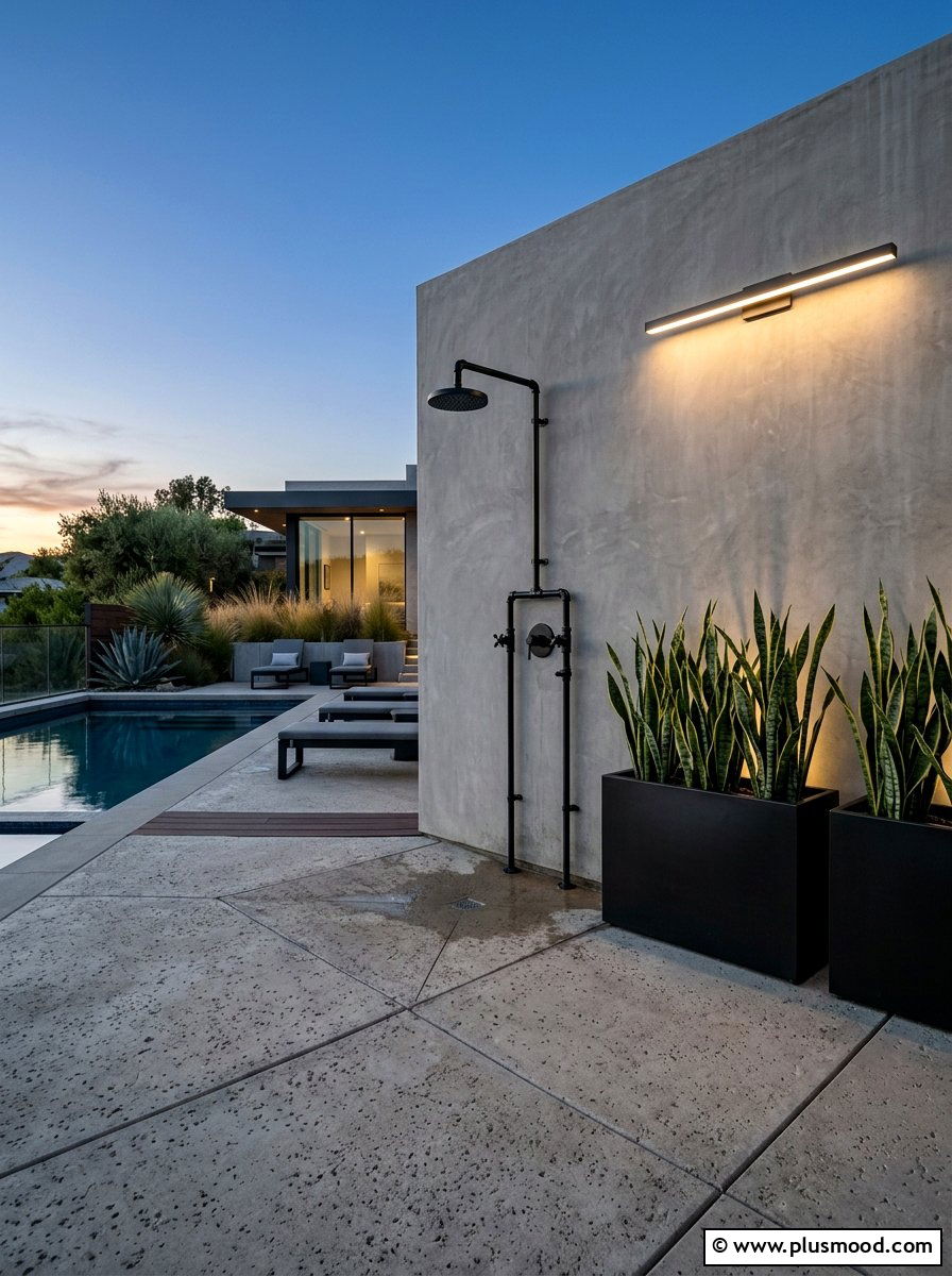 Concrete Pool Deck With Industrial Shower - 25 pool landscaping ideas with outdoor shower