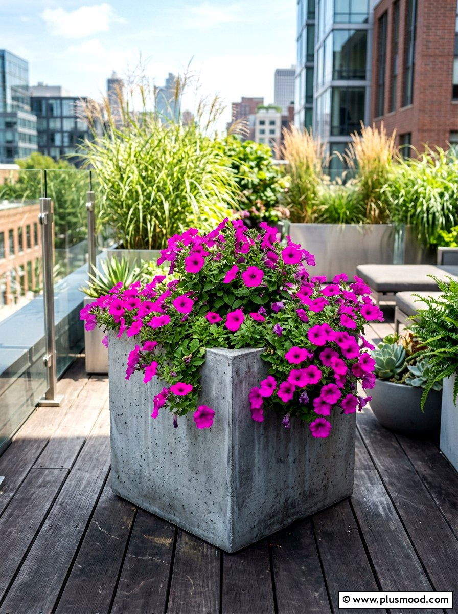 Concrete Square Petunia Planter - 25 summer planters with petunias ideas