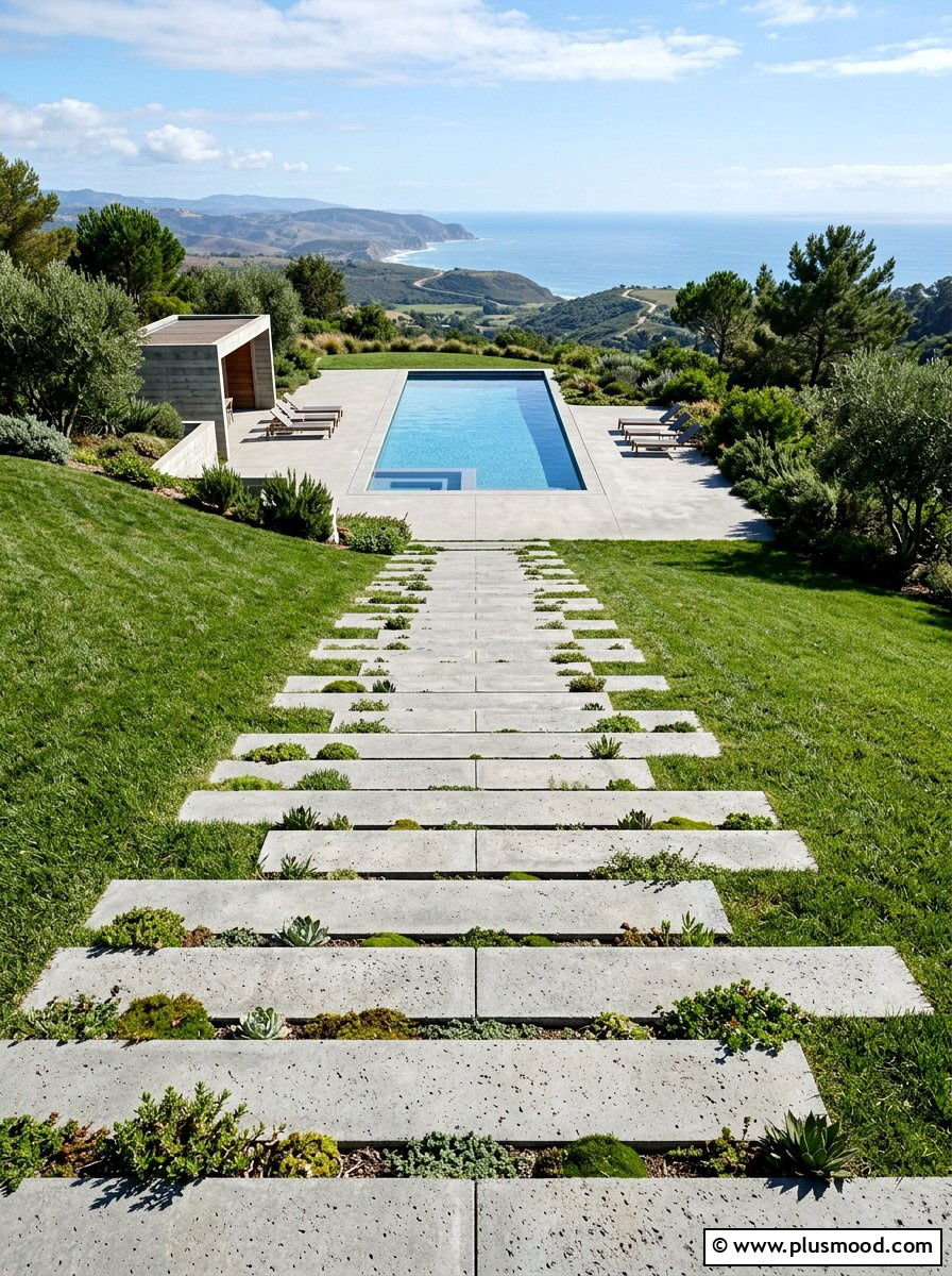Concrete Tiered Steps - 25 pool landscaping ideas for sloped yards