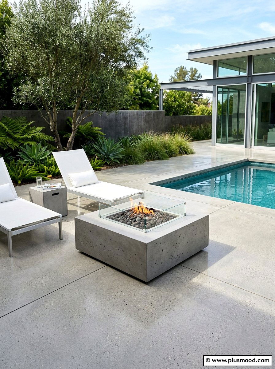 Concrete fire pit pool patio - 25 pool landscaping ideas with fire feature