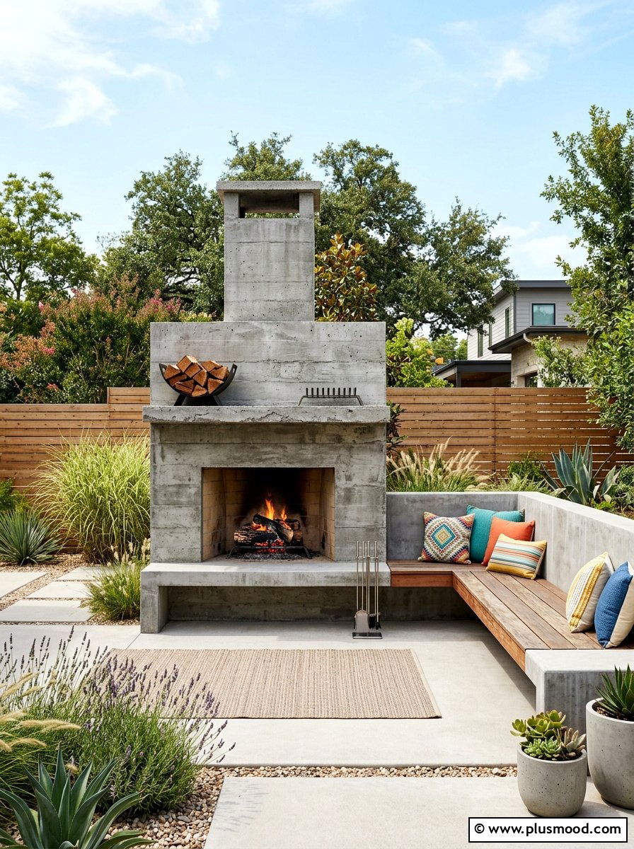 Concrete outdoor fireplace with bench seating - 25 small backyard ideas with outdoor fireplace